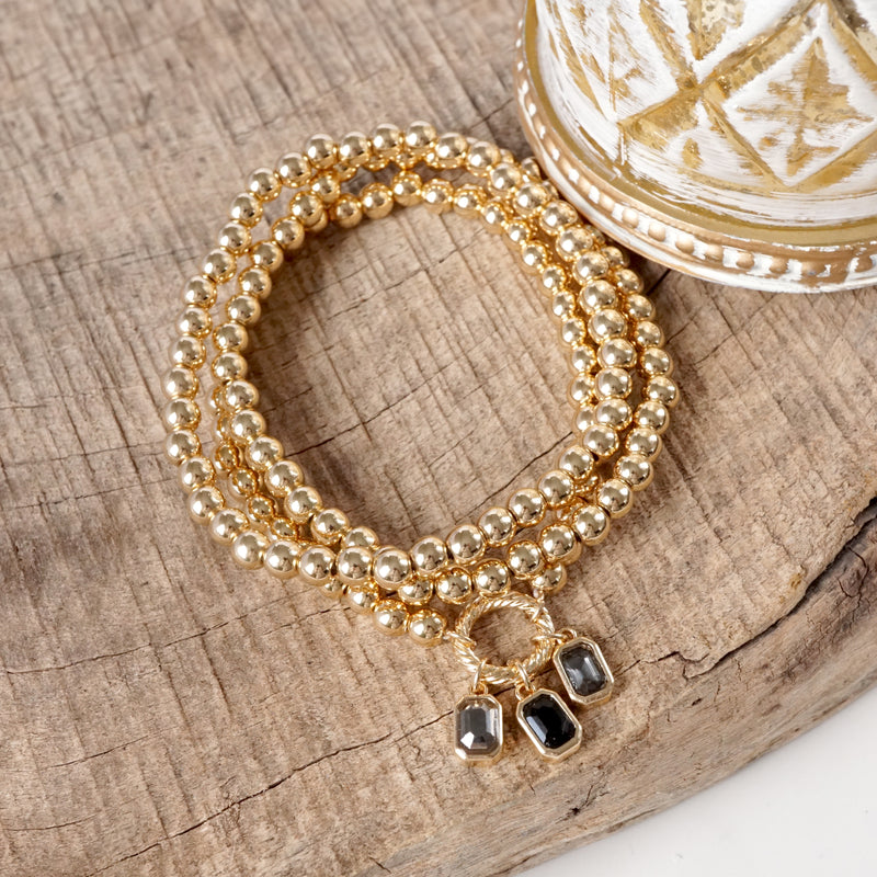 Golden Ball Beaded Stretch Bracelet Stack With Baguette Crystals – Clear Black Pink