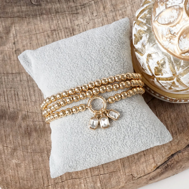 Golden Ball Beaded Stretch Bracelet Stack With Baguette Crystals – Clear Black Pink