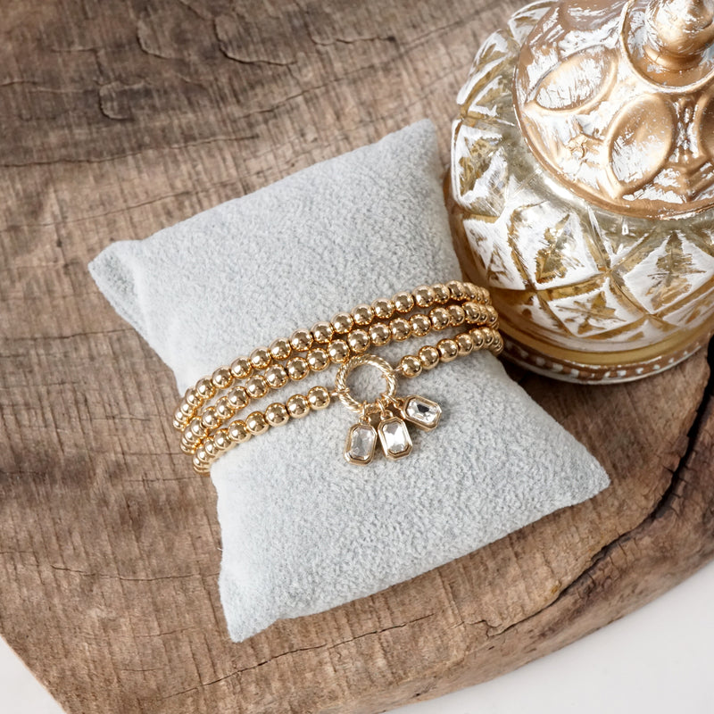 Golden Ball Beaded Stretch Bracelet Stack With Baguette Crystals – Clear Black Pink