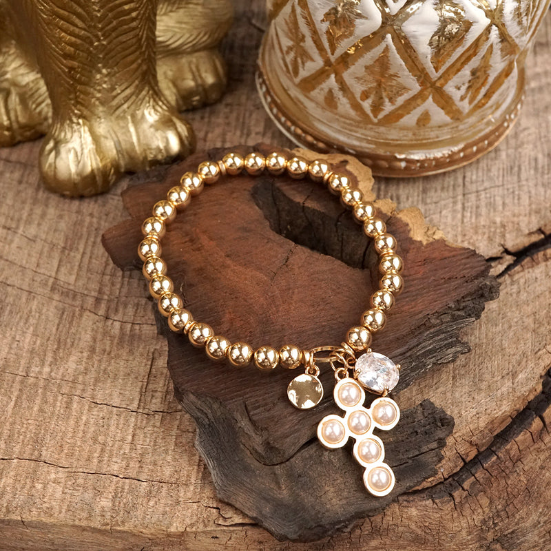 Golden Keepsakes – Charm Cluster Stretch Bracelet with Beads & Stones
