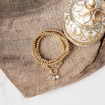 Golden Ball Beaded Stretch Bracelet Stack With Baguette Crystals – Clear Black Pink
