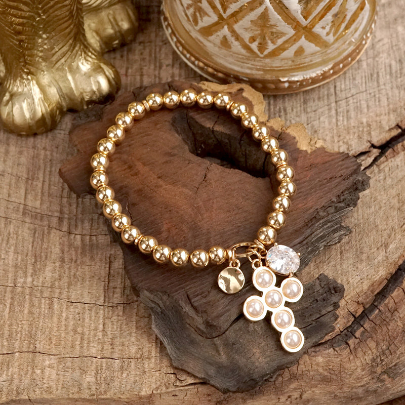 Golden Keepsakes – Charm Cluster Stretch Bracelet with Beads & Stones