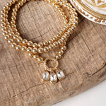 Golden Ball Beaded Stretch Bracelet Stack With Baguette Crystals – Clear Black Pink
