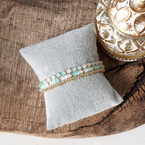 Small Gold tone and Glass beads bracelet stack of 3 bracelets - Pink Mint Multi