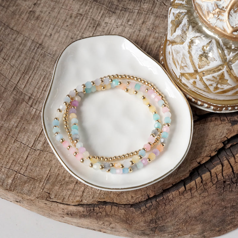 Small Gold tone and Glass beads bracelet stack of 3 bracelets - Pink Mint Multi