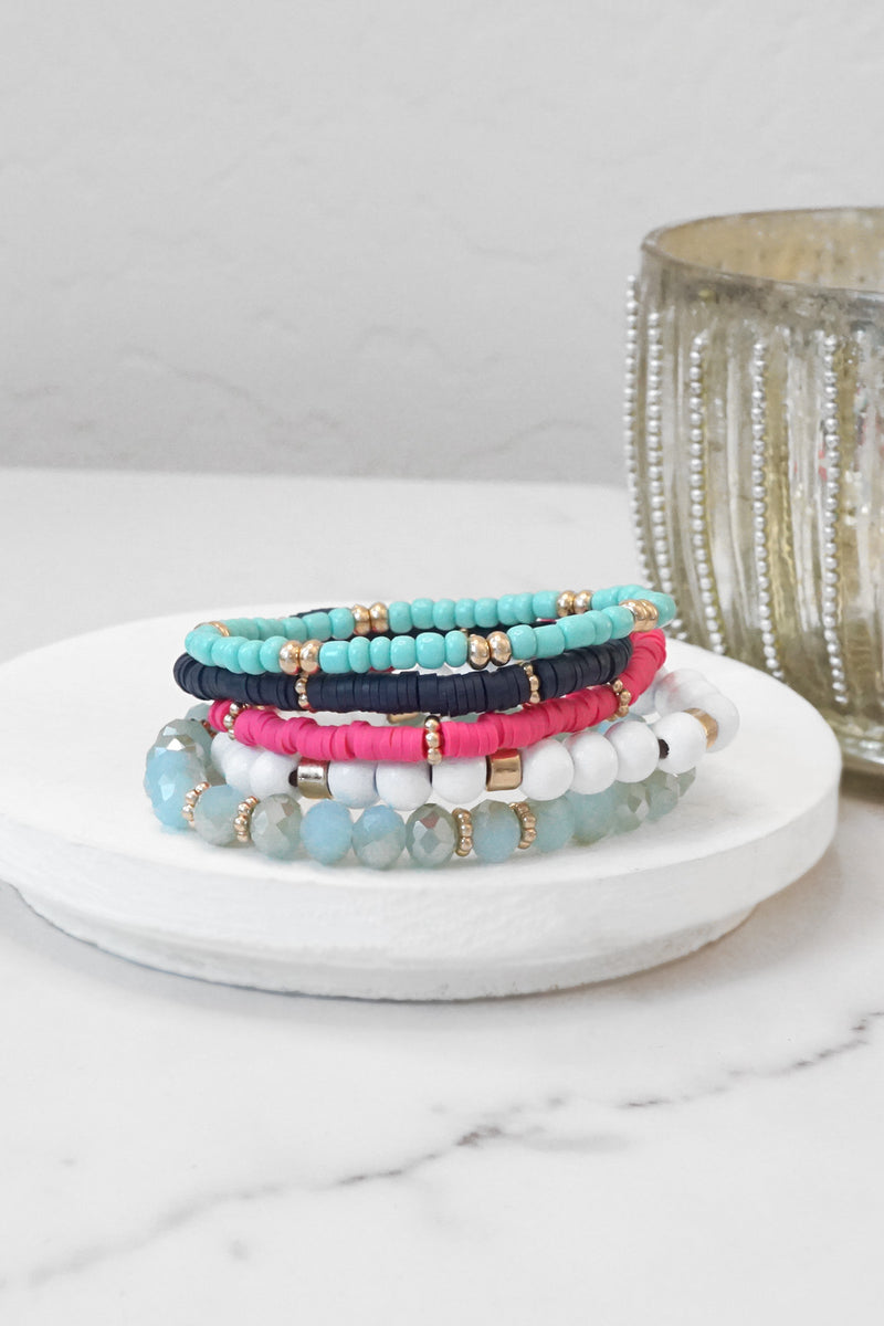 Nautical Navy Blue Hot Pink White stack clay glass wood beads bracelets set