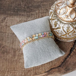 Small Gold tone and Glass beads bracelet stack of 3 bracelets - Pink Mint Multi