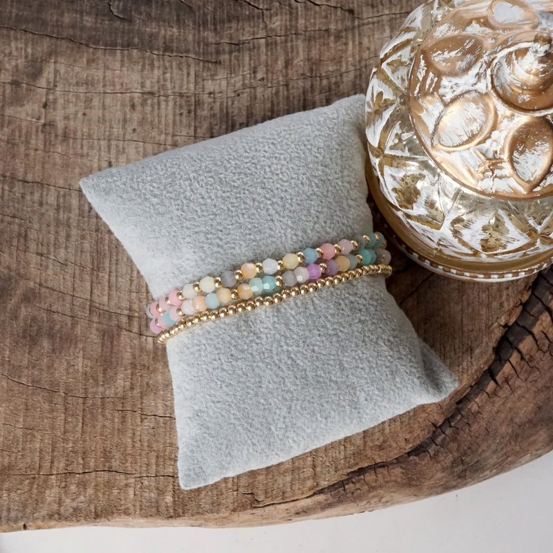 Small Gold tone and Glass beads bracelet stack of 3 bracelets - Pink Mint Multi