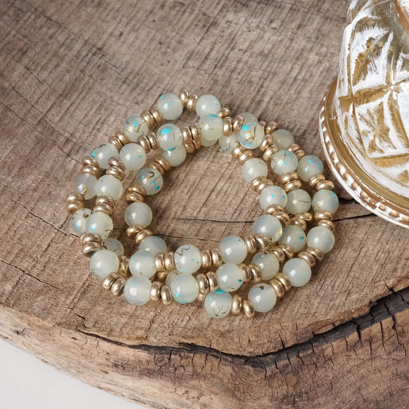 Glass Beaded Bracelet Stack with Worn Gold Accents – Green, Cream, or Gray