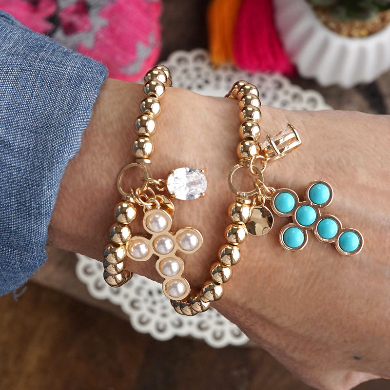 Golden Keepsakes – Charm Cluster Stretch Bracelet with Beads & Stones