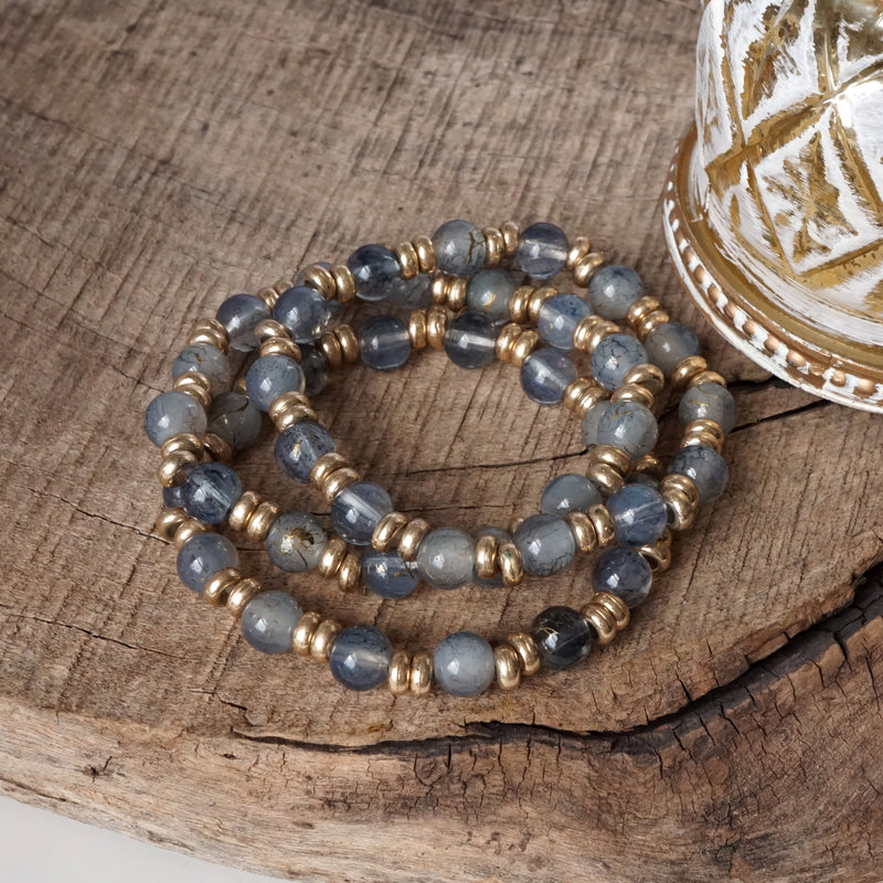 Glass Beaded Bracelet Stack with Worn Gold Accents – Green, Cream, or Gray