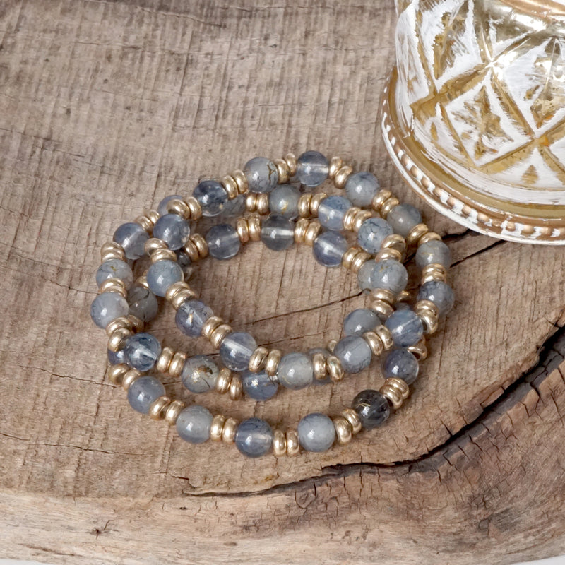 Glass Beaded Bracelet Stack with Worn Gold Accents – Green, Cream, or Gray