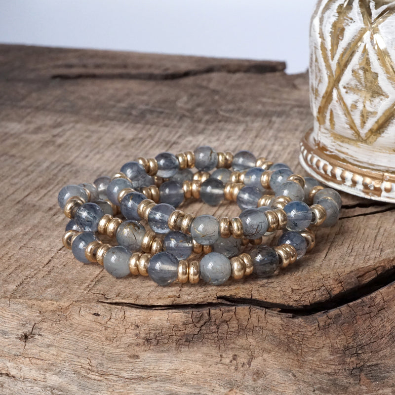 Glass Beaded Bracelet Stack with Worn Gold Accents – Green, Cream, or Gray