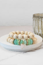 Boho Beaded Bracelet Set Wood Acrylic and Golden Metal Beads Quartz