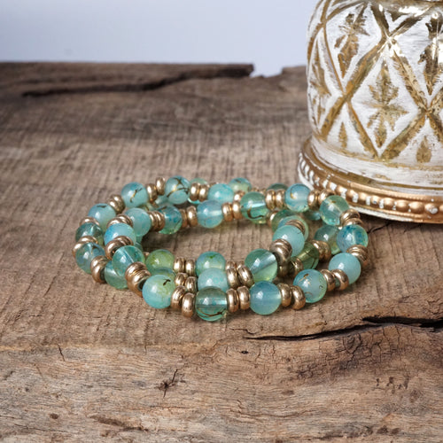 Glass Beaded Bracelet Stack with Worn Gold Accents – Green, Cream, or Gray