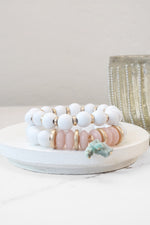 Boho Beaded Bracelet Set Wood Acrylic and Golden Metal Beads Quartz