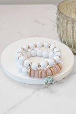 Boho Beaded Bracelet Set Wood Acrylic and Golden Metal Beads Quartz