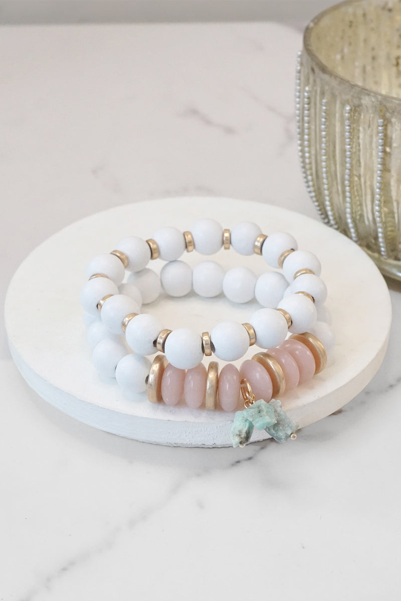 Boho Beaded Bracelet Set Wood Acrylic and Golden Metal Beads Quartz