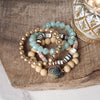Boho Beaded Bracelets Set Semi Precious Center Stone Wood Glass Clay Beads Aqua Blue Gray andandGold tone