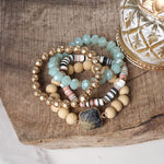 Boho Beaded Bracelets Set Semi Precious Center Stone Wood Glass Clay Beads Aqua Blue Gray andandGold tone