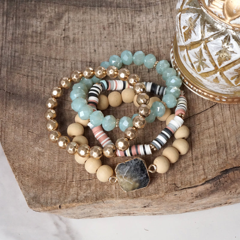 Boho Beaded Bracelets Set Semi Precious Center Stone Wood Glass Clay Beads Aqua Blue Gray andandGold tone