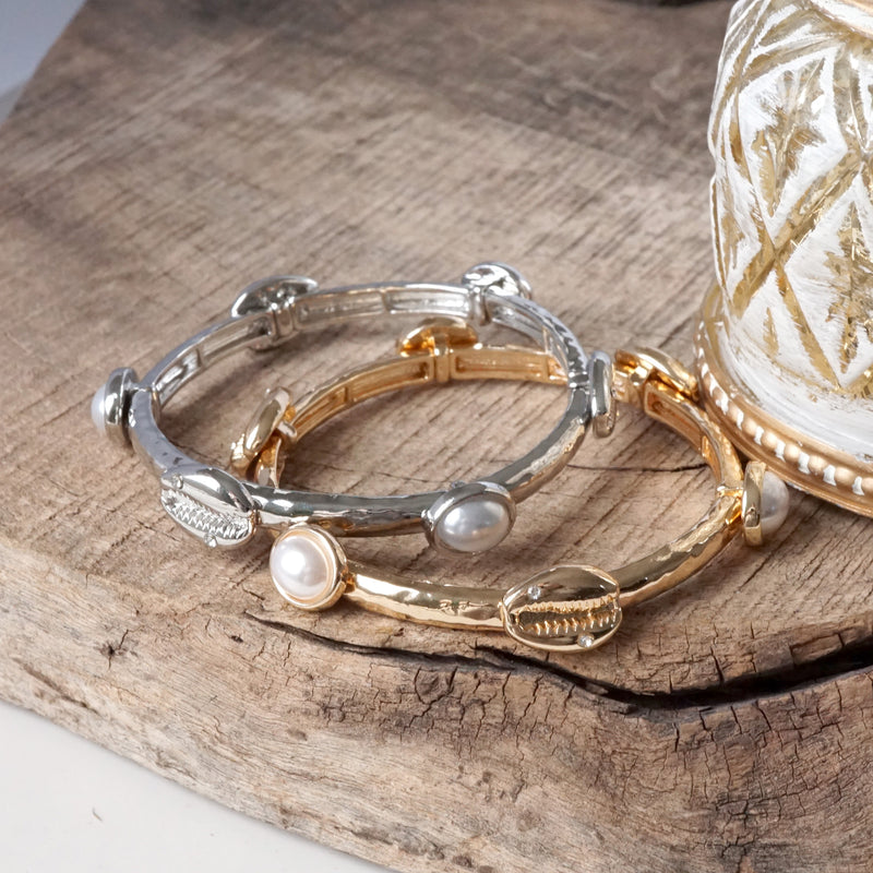 Sea Life Shell and Pearls Bangle Bracelet - Gold Silver tone