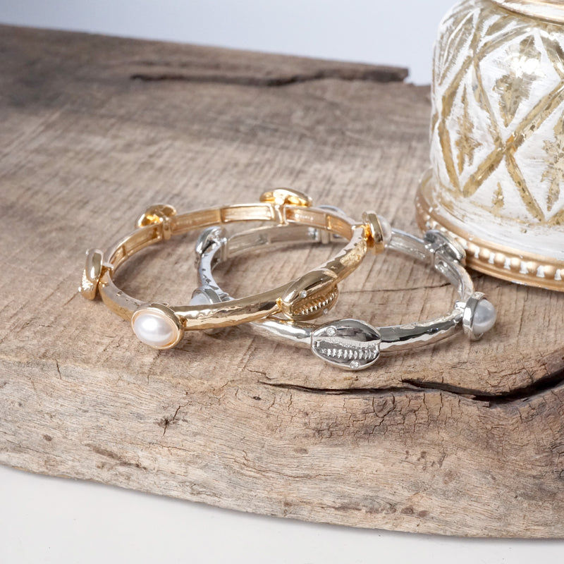 Sea Life Shell and Pearls Bangle Bracelet - Gold Silver tone