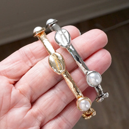 Sea Life Shell and Pearls Bangle Bracelet - Gold Silver tone