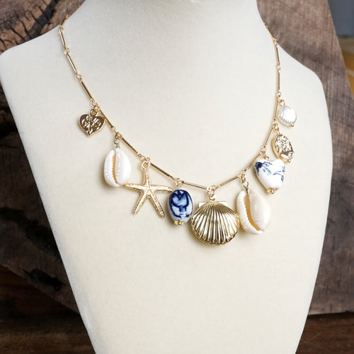 Multi-Charm Chinoiserie & Shell Locket Necklace – Blue & Gold