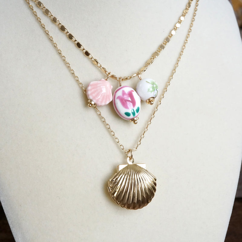 Multi-Charm Chinoiserie & Shell Locket Layered Necklace – Pink & Gold
