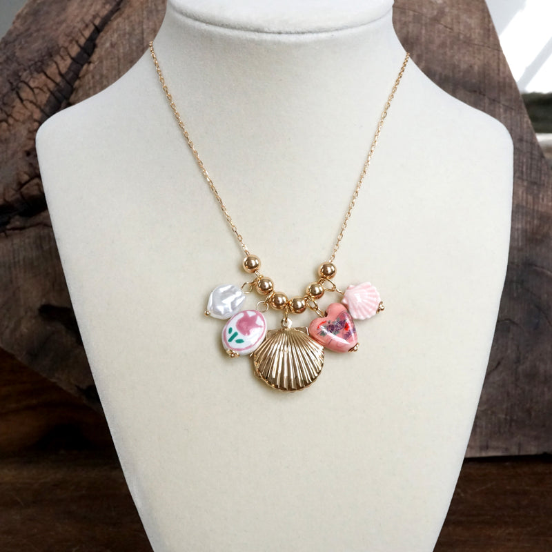 Multi-Charm Chinoiserie & Shell Locket Necklace – Pink & Gold