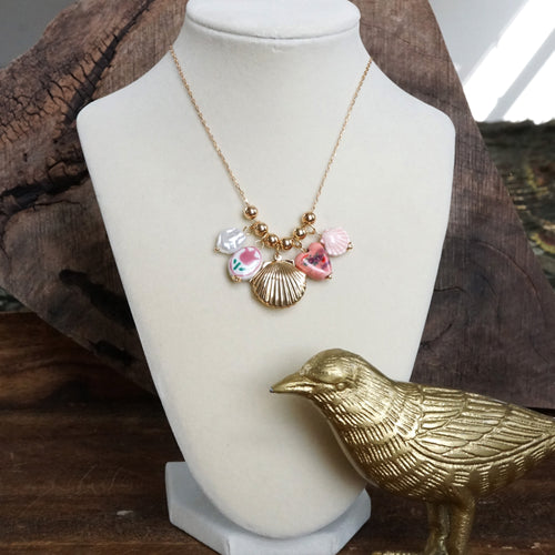 Multi-Charm Chinoiserie & Shell Locket Necklace – Pink & Gold