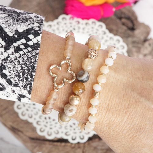 Beaded Bracelet Set Clover Semi Precious Metal Glass Beads Gold tone Neutral Brown