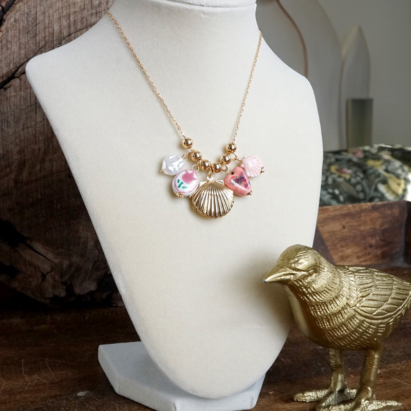 Multi-Charm Chinoiserie & Shell Locket Necklace – Pink & Gold