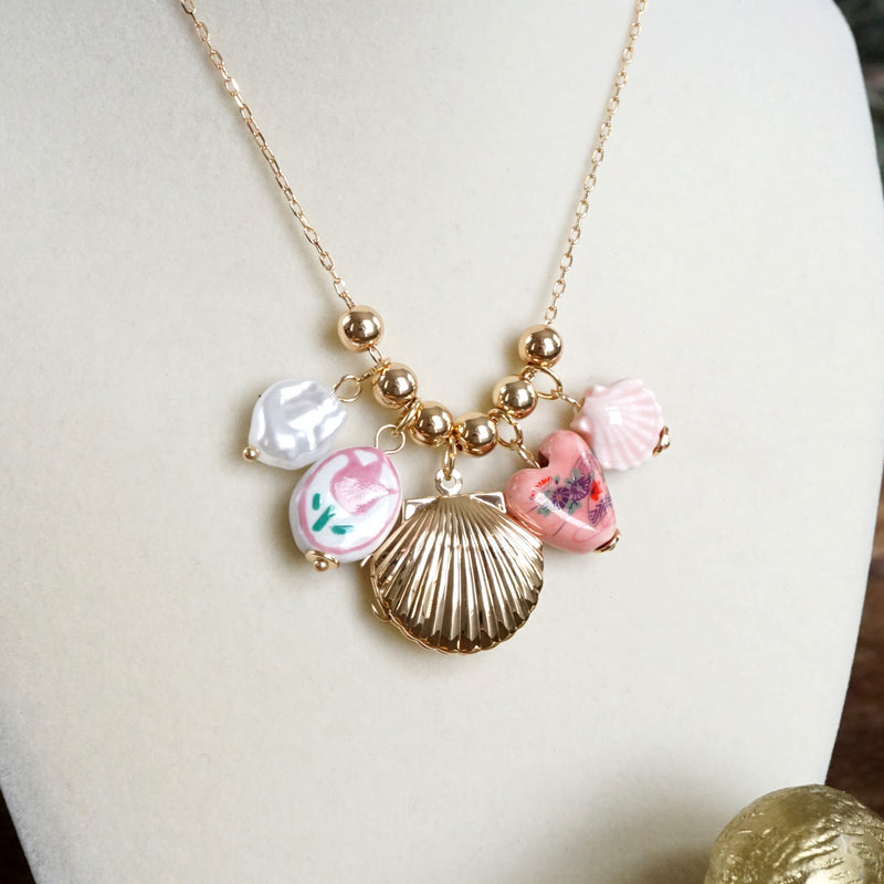 Multi-Charm Chinoiserie & Shell Locket Necklace – Pink & Gold