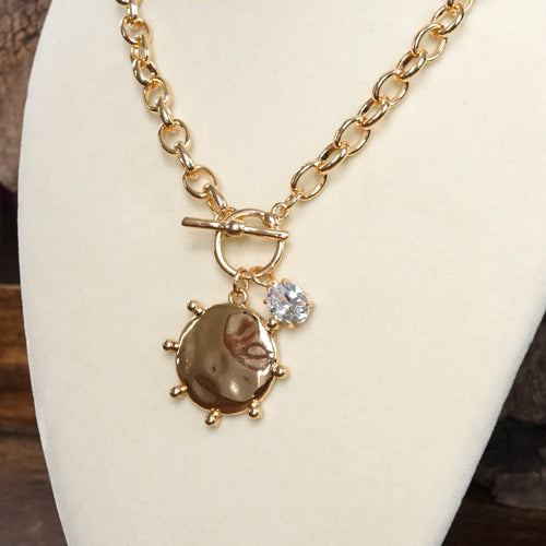 Front Toggle Hammered Coin & Crystal Charm Necklace – Gold Tone