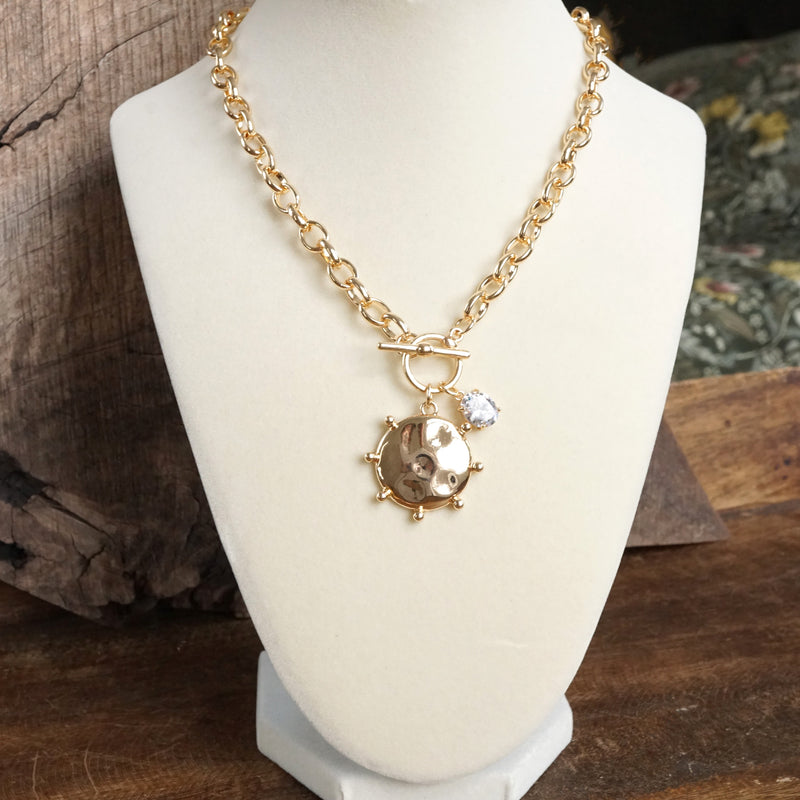 Front Toggle Hammered Coin & Crystal Charm Necklace – Gold Tone