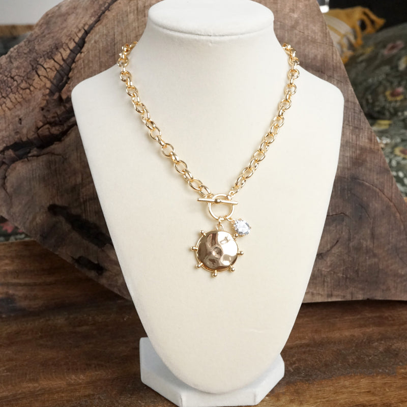 Front Toggle Hammered Coin & Crystal Charm Necklace – Gold Tone