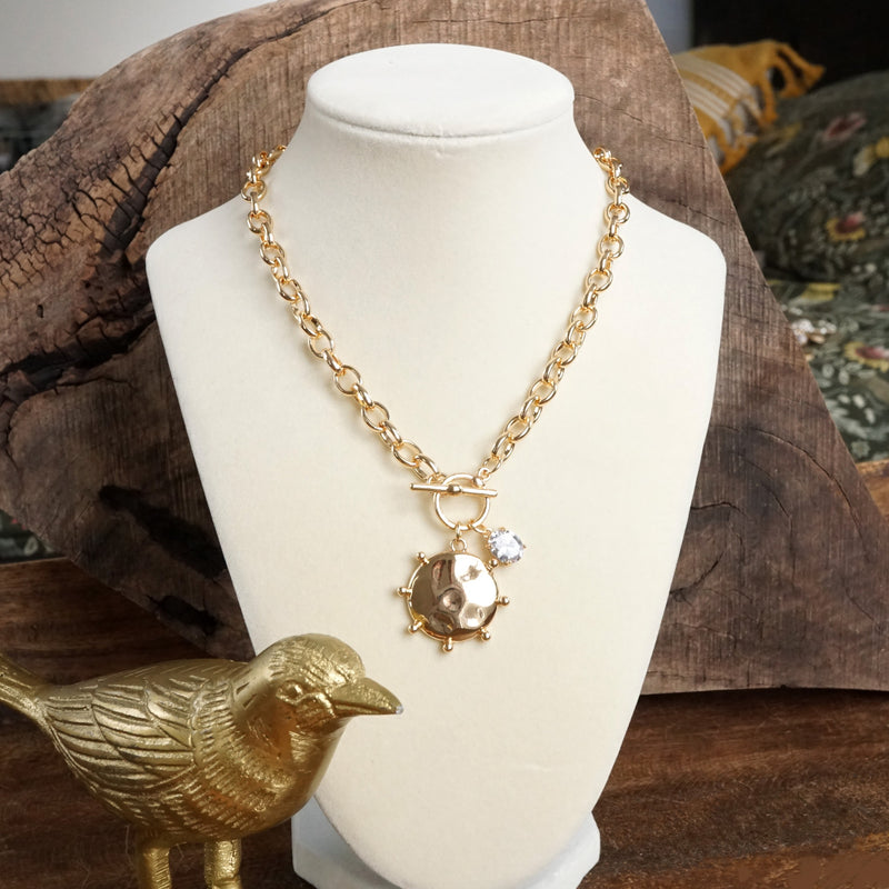 Front Toggle Hammered Coin & Crystal Charm Necklace – Gold Tone