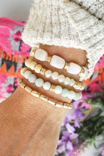 Bracelet Stack of 4 pieces Neutrals and Green Amazonite Glass Wood and Acrylic beads