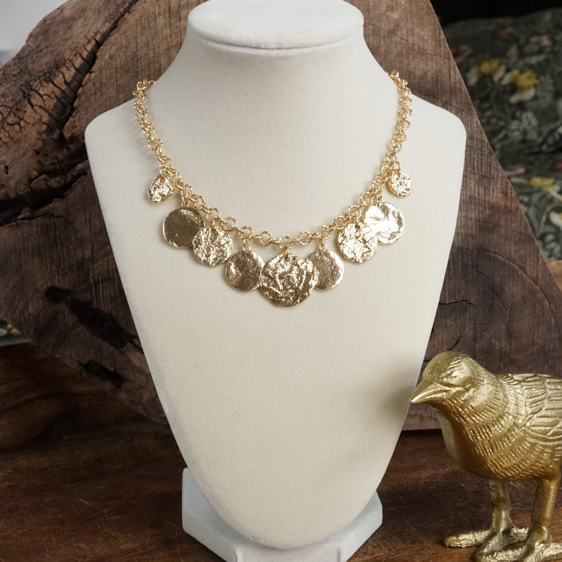 Textured Coins Statement Necklace – Gold Tone