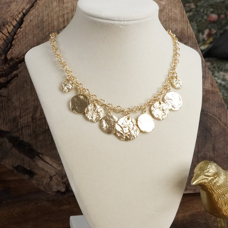 Textured Coins Statement Necklace – Gold Tone