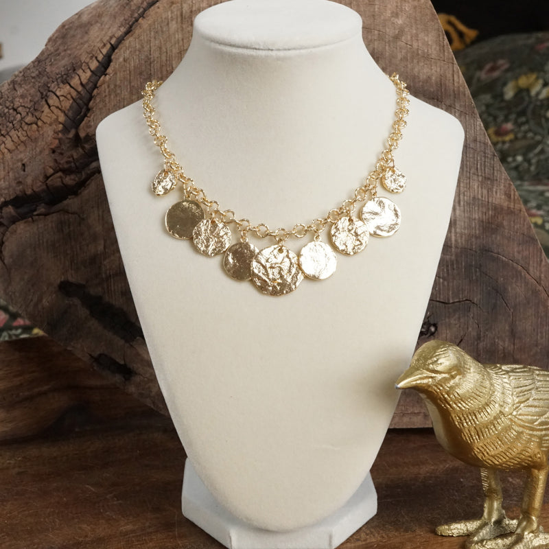 Textured Coins Statement Necklace – Gold Tone