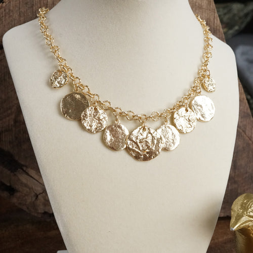 Textured Coins Statement Necklace – Gold Tone