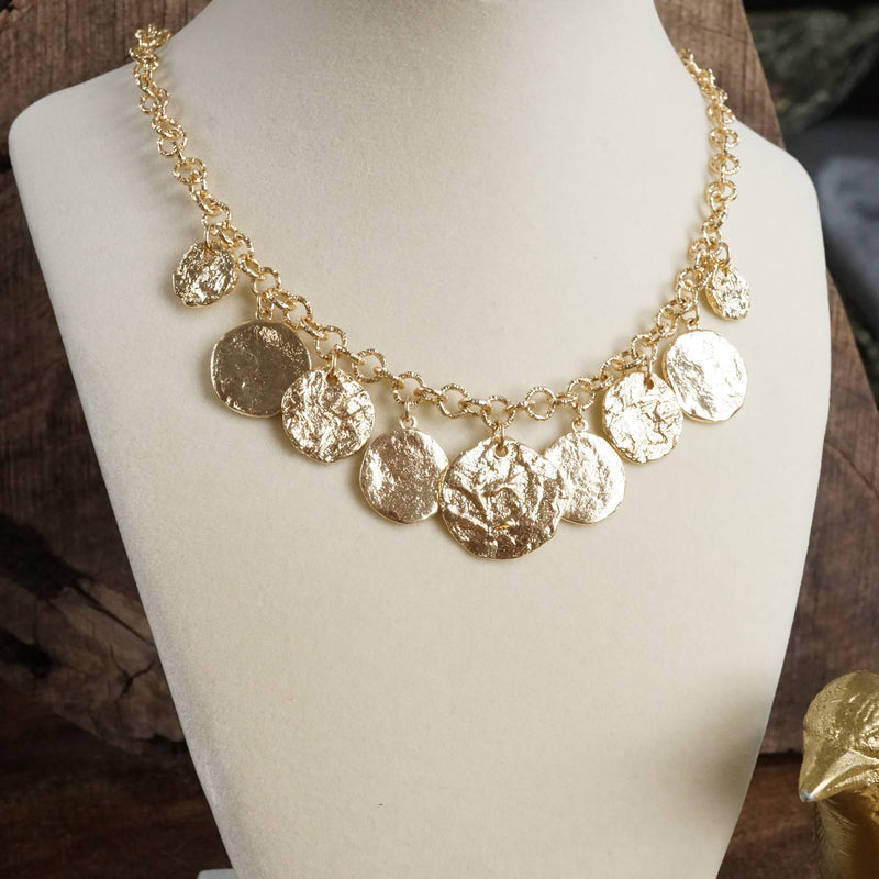 Textured Coins Statement Necklace – Gold Tone