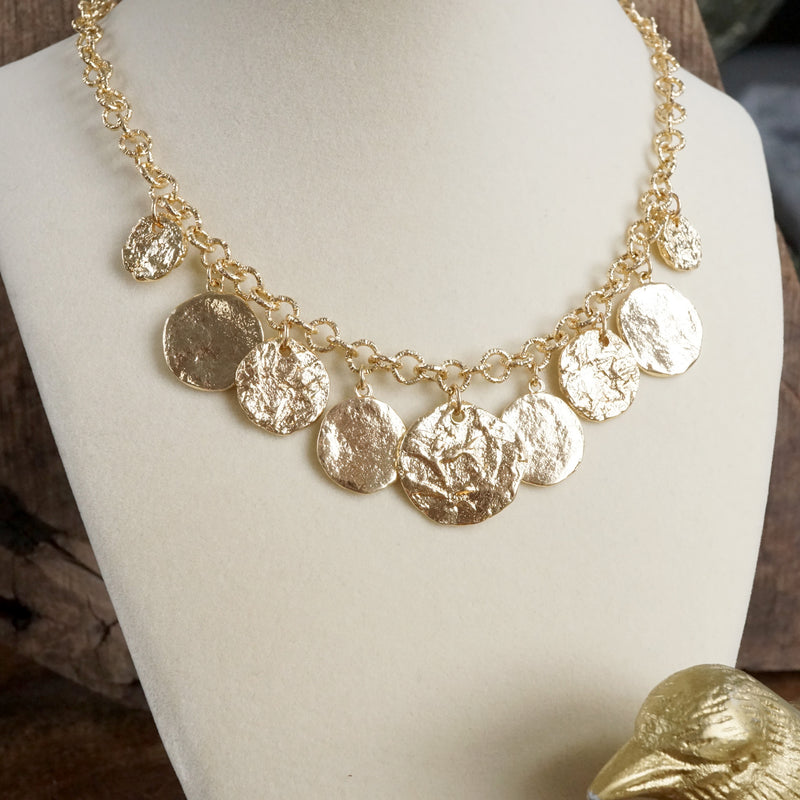 Textured Coins Statement Necklace – Gold Tone