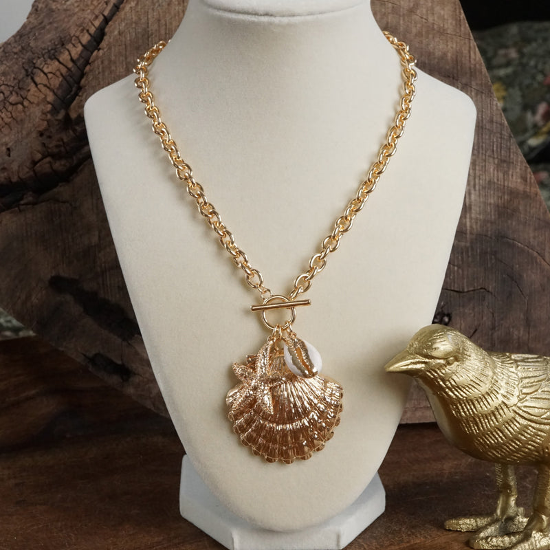 Front Toggle Multi-Charm Shell Statement Necklace – Gold Tone