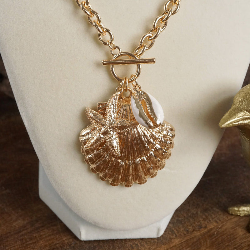 Front Toggle Multi-Charm Shell Statement Necklace – Gold Tone