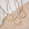 Long Wooden Bead Necklace with Clover Quatrefoil gold pendant - Ivory Cream