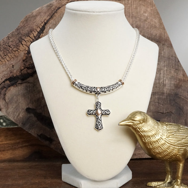 Sacred Drift – Filigree Cross Necklace with Whisper of Gold
